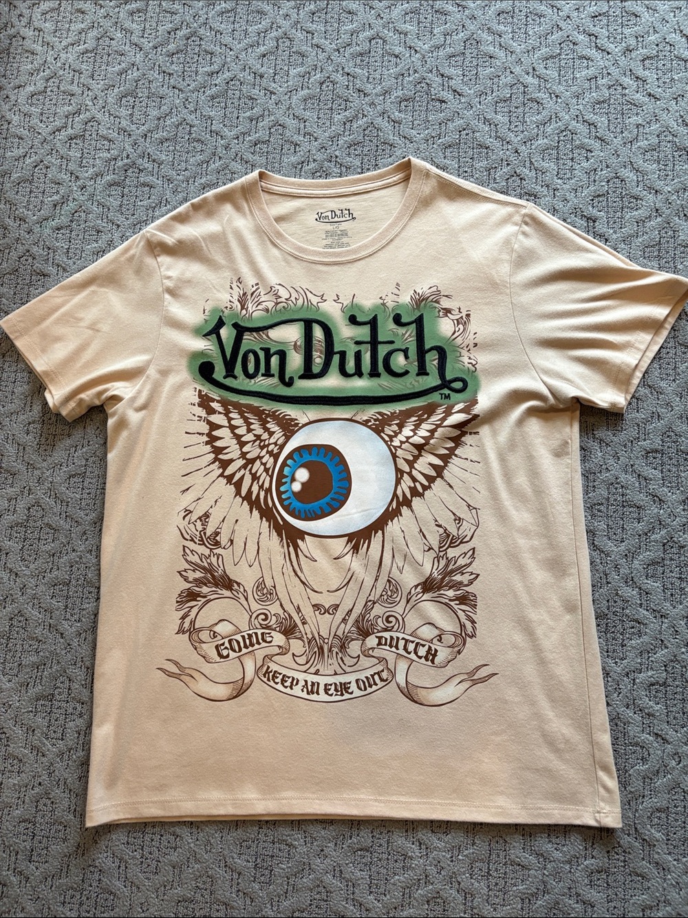 Von Dutch Beige Short-Sleeve Tee with Blue Eye Graphic